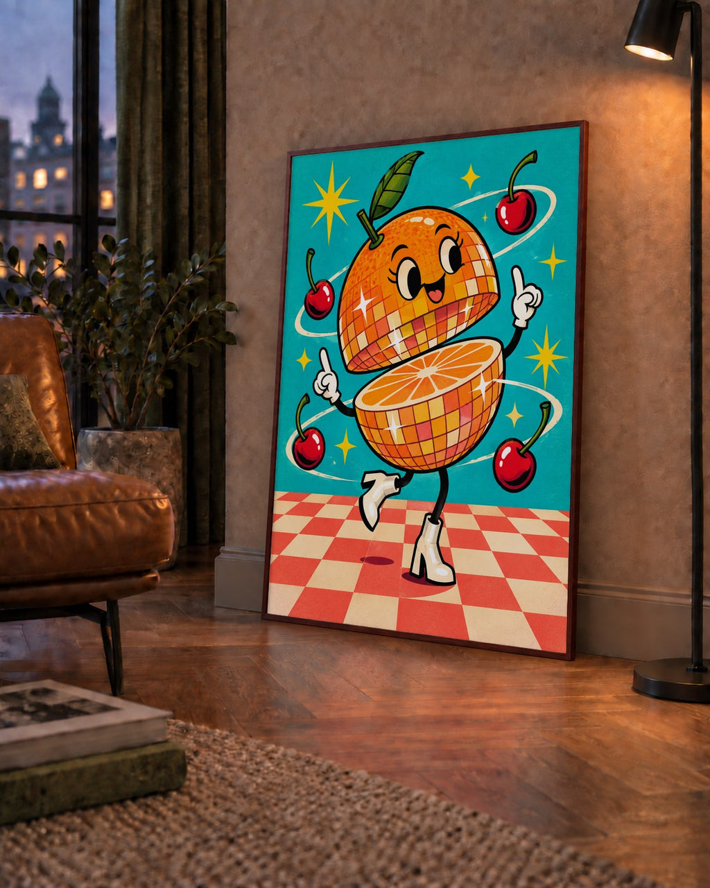 Dans Eden Portakal Karakterli Retro Disco Poster — çerçeveli hâliyle bir ev duvarında