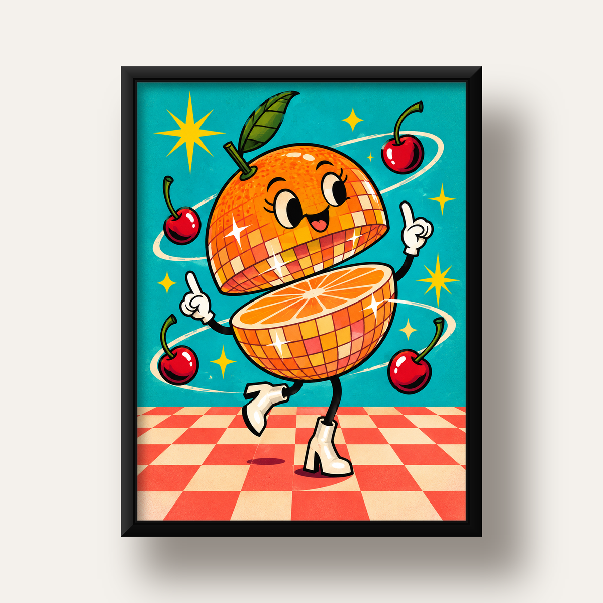 Dans Eden Portakal Karakterli Retro Disco Poster — siyah derin çerçeveli