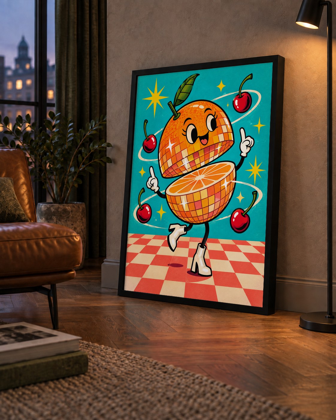 Dans Eden Portakal Karakterli Retro Disco Poster — çerçeveli hâliyle bir ev duvarında