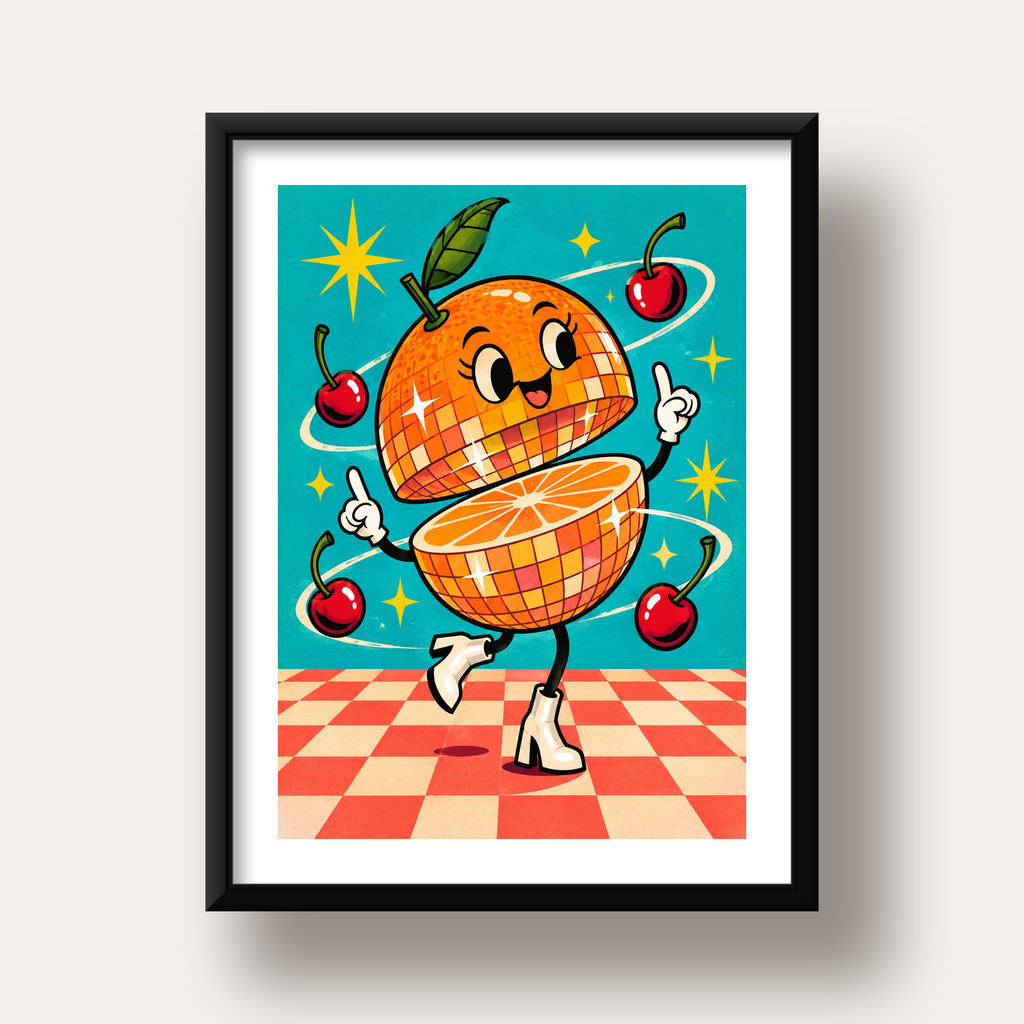 Dans Eden Portakal Karakterli Retro Disco Poster — siyah derin çerçeveli paspartulu