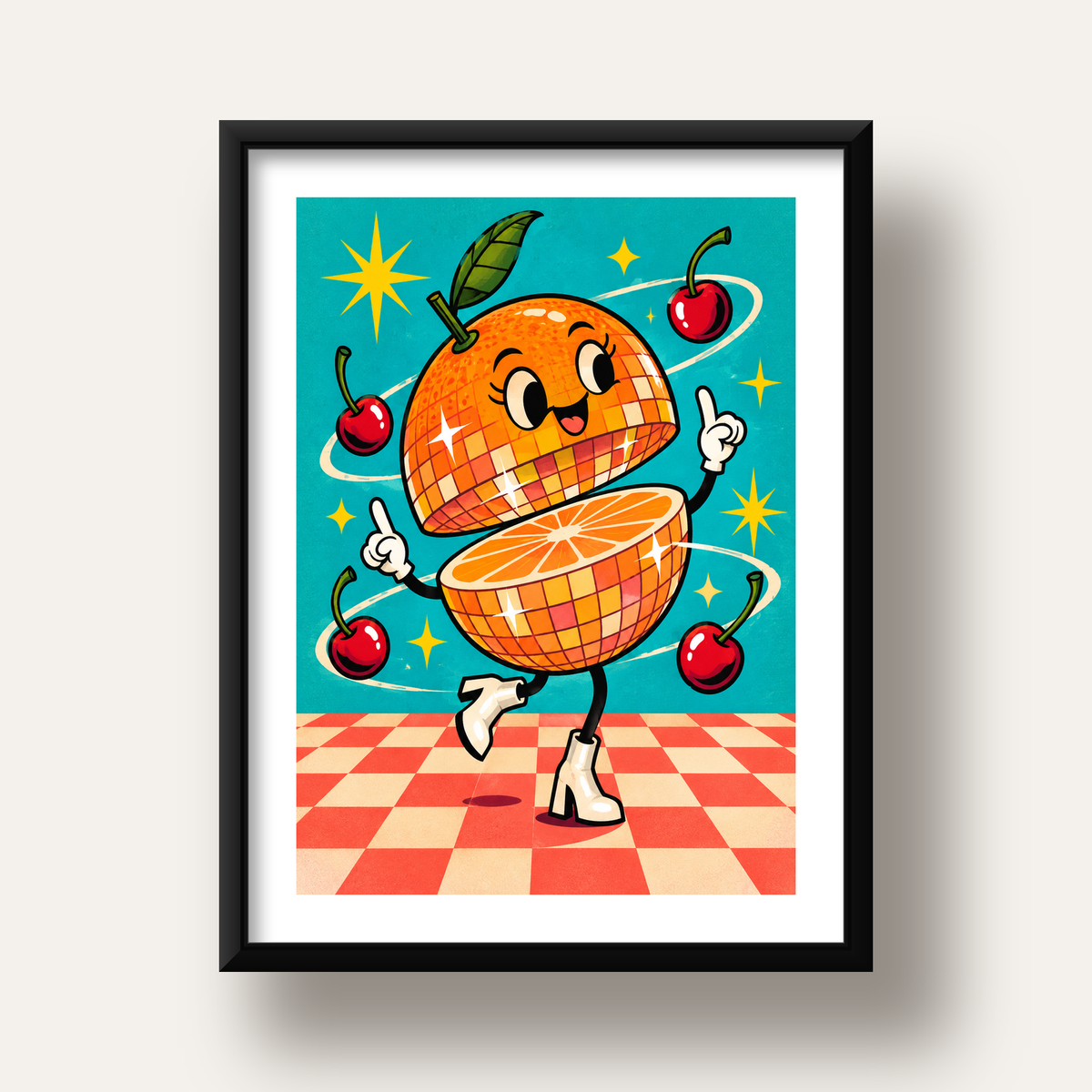Dans Eden Portakal Karakterli Retro Disco Poster — siyah derin çerçeveli paspartulu