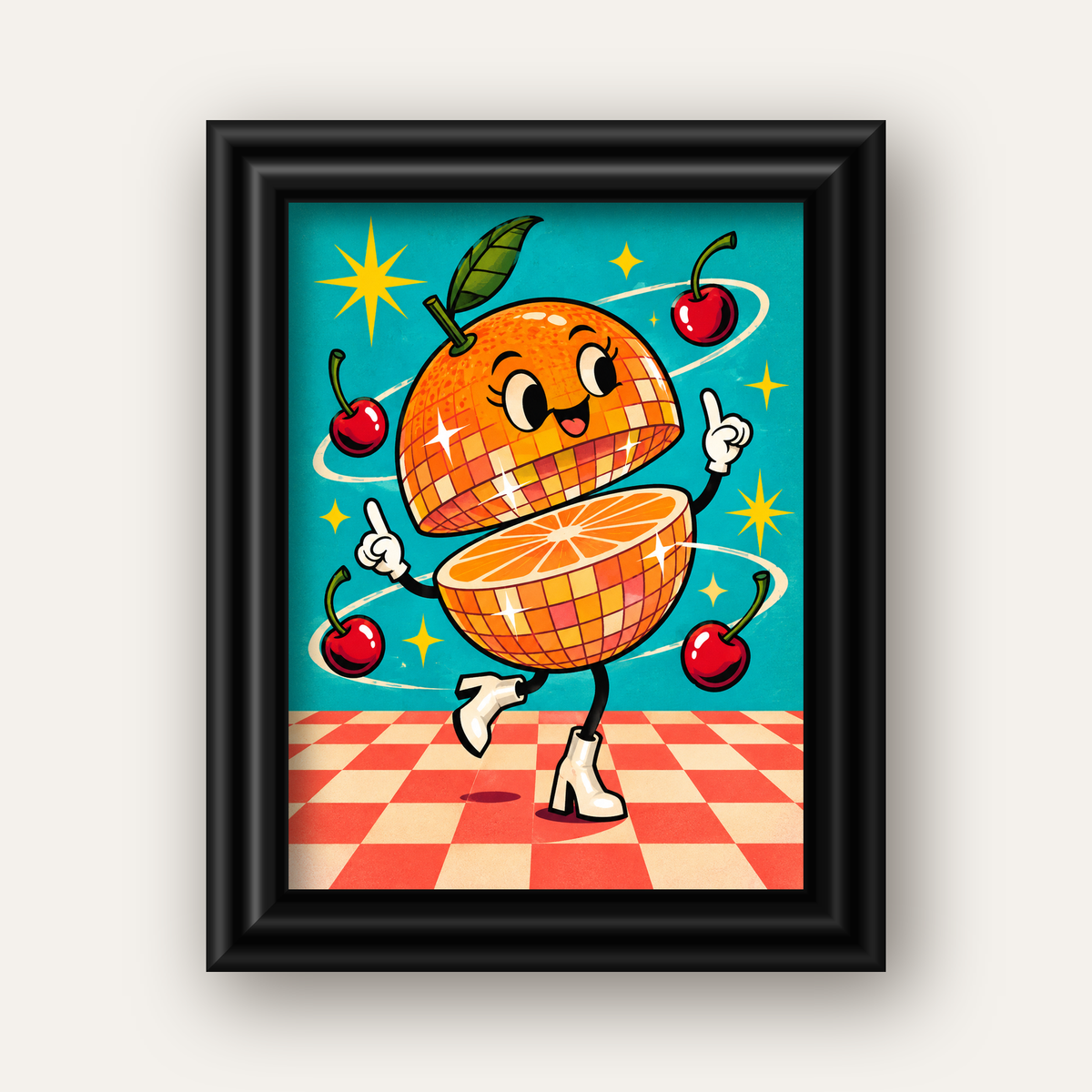 Dans Eden Portakal Karakterli Retro Disco Poster — siyah galeri çerçeveli