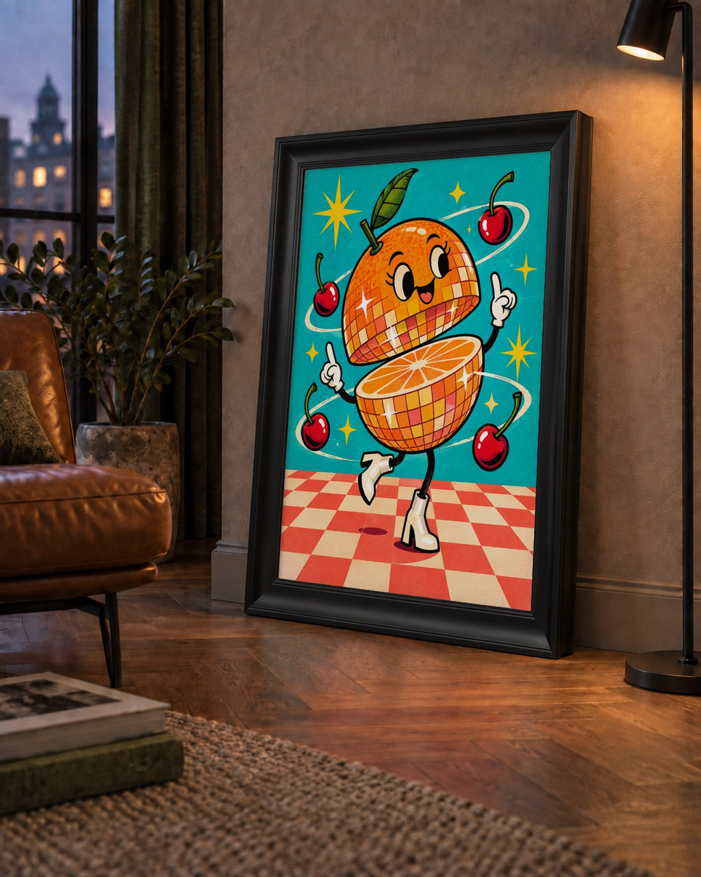 Dans Eden Portakal Karakterli Retro Disco Poster — çerçeveli hâliyle bir ev duvarında