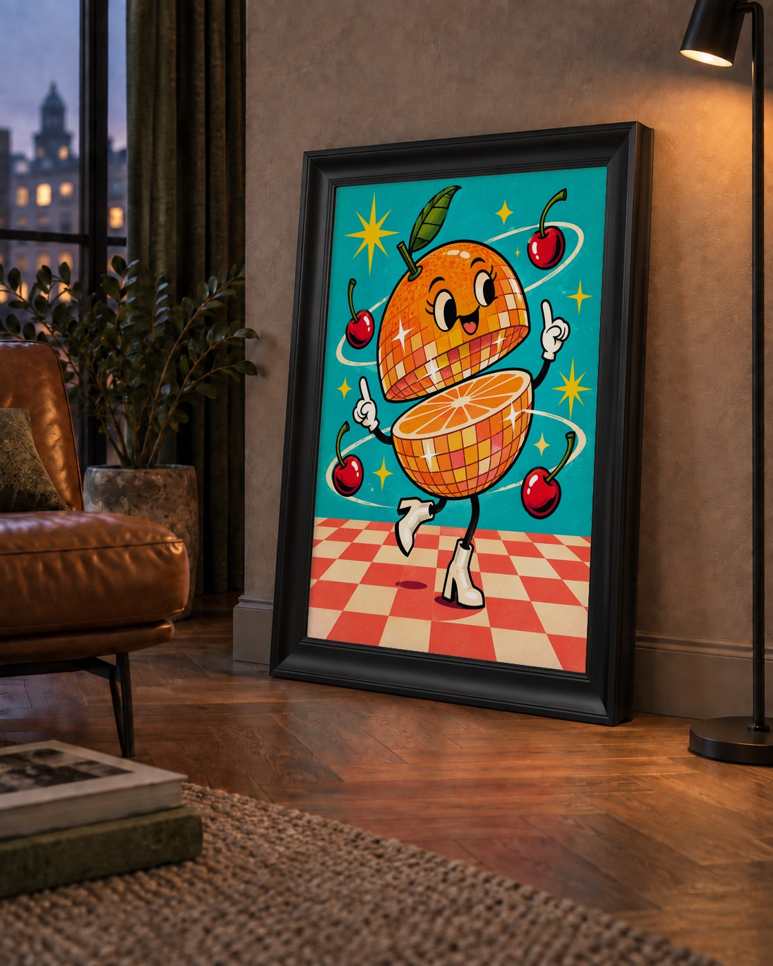 Dans Eden Portakal Karakterli Retro Disco Poster — çerçeveli hâliyle bir ev duvarında