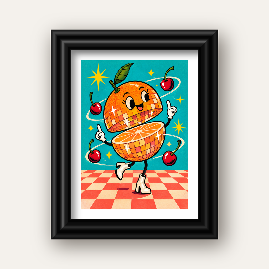 Dans Eden Portakal Karakterli Retro Disco Poster — siyah galeri çerçeveli paspartulu