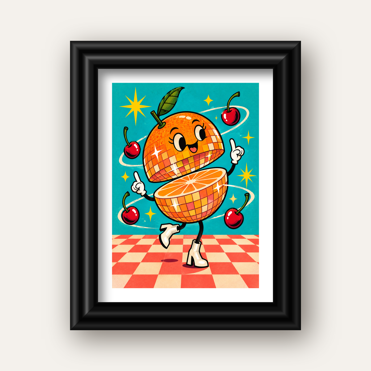 Dans Eden Portakal Karakterli Retro Disco Poster — siyah galeri çerçeveli paspartulu