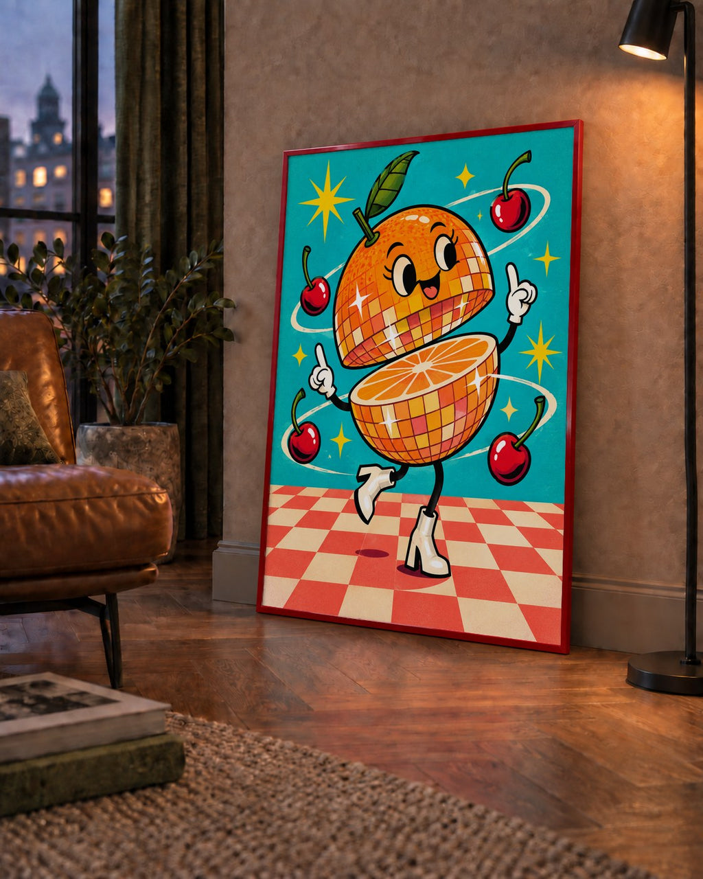 Dans Eden Portakal Karakterli Retro Disco Poster — çerçeveli hâliyle bir ev duvarında