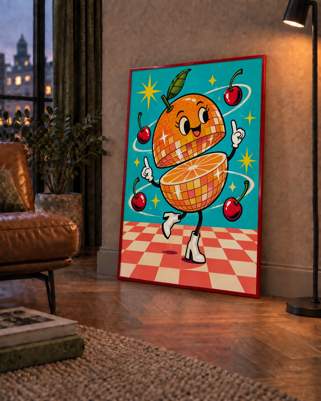 Dans Eden Portakal Karakterli Retro Disco Poster — çerçeveli hâliyle bir ev duvarında