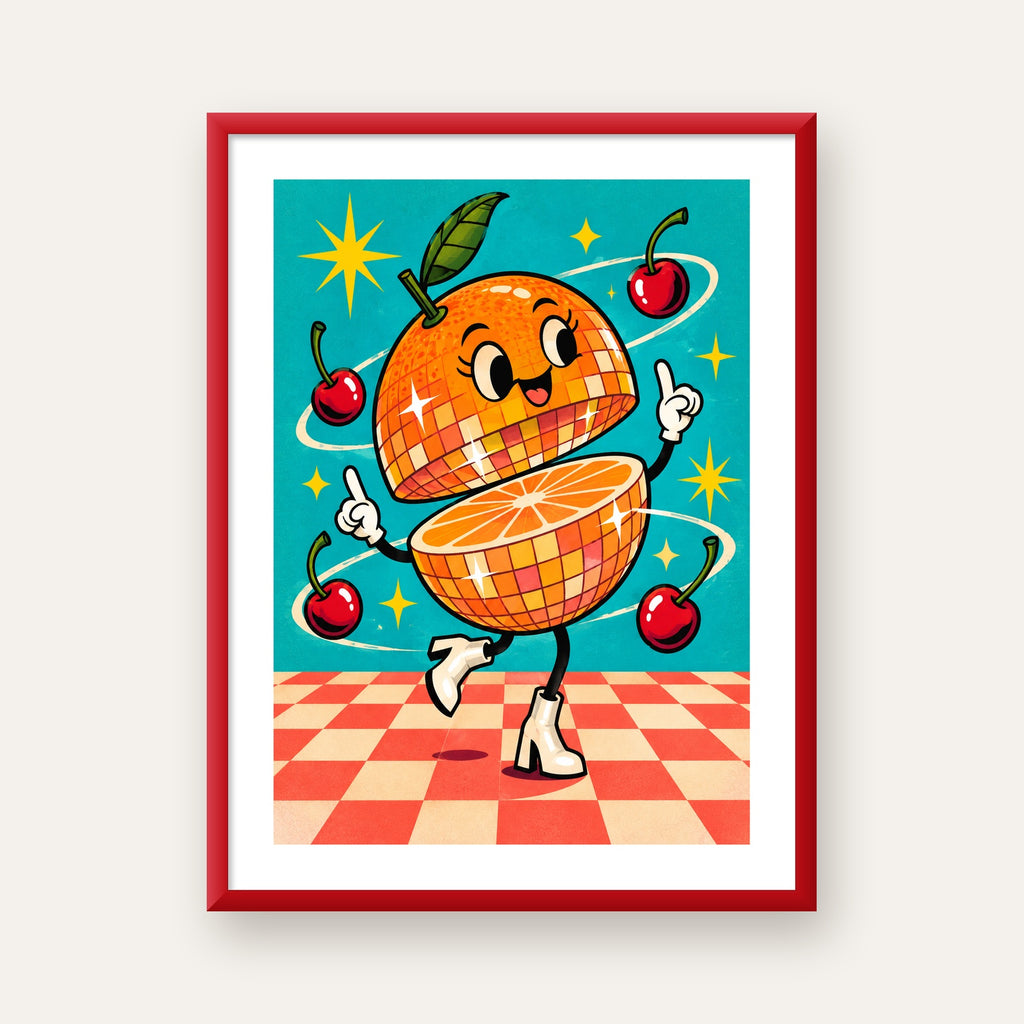 Dans Eden Portakal Karakterli Retro Disco Poster — kırmızı çerçeveli paspartulu