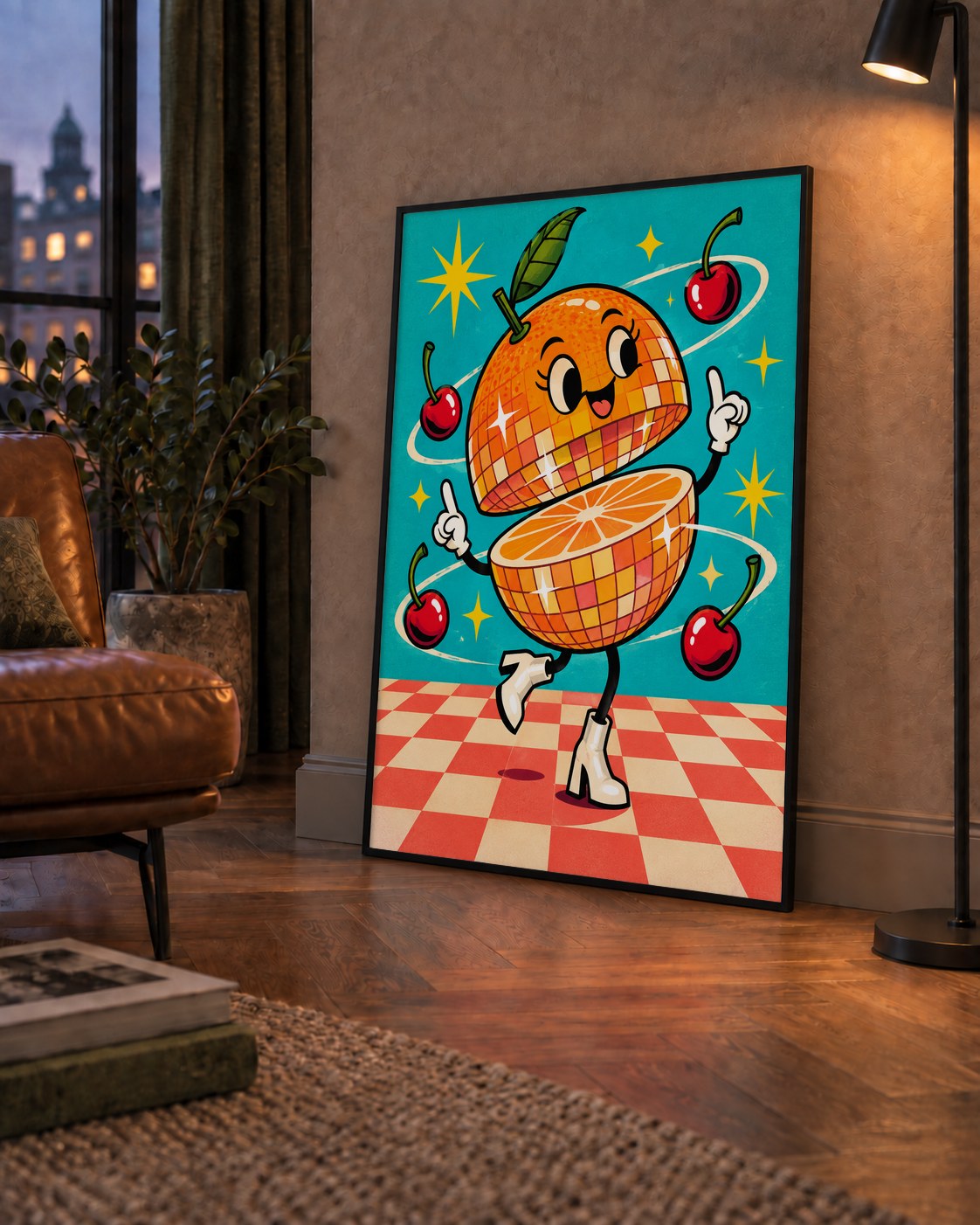 Dans Eden Portakal Karakterli Retro Disco Poster — çerçeveli hâliyle bir ev duvarında