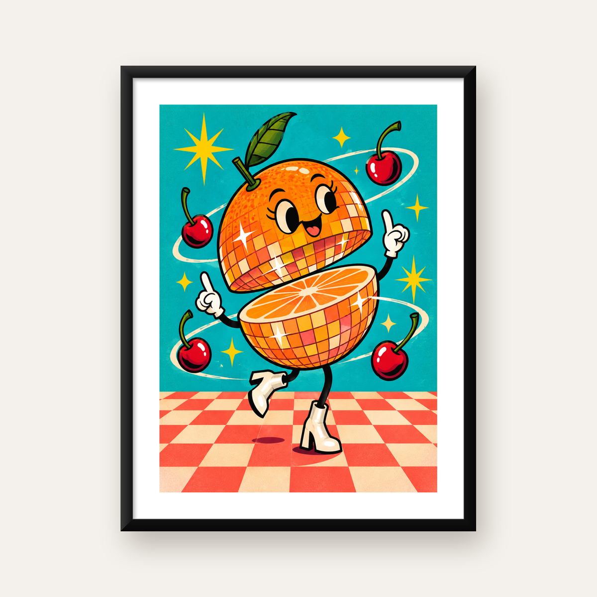 Dans Eden Portakal Karakterli Retro Disco Poster — Dikey baskı, beyaz paspartulu