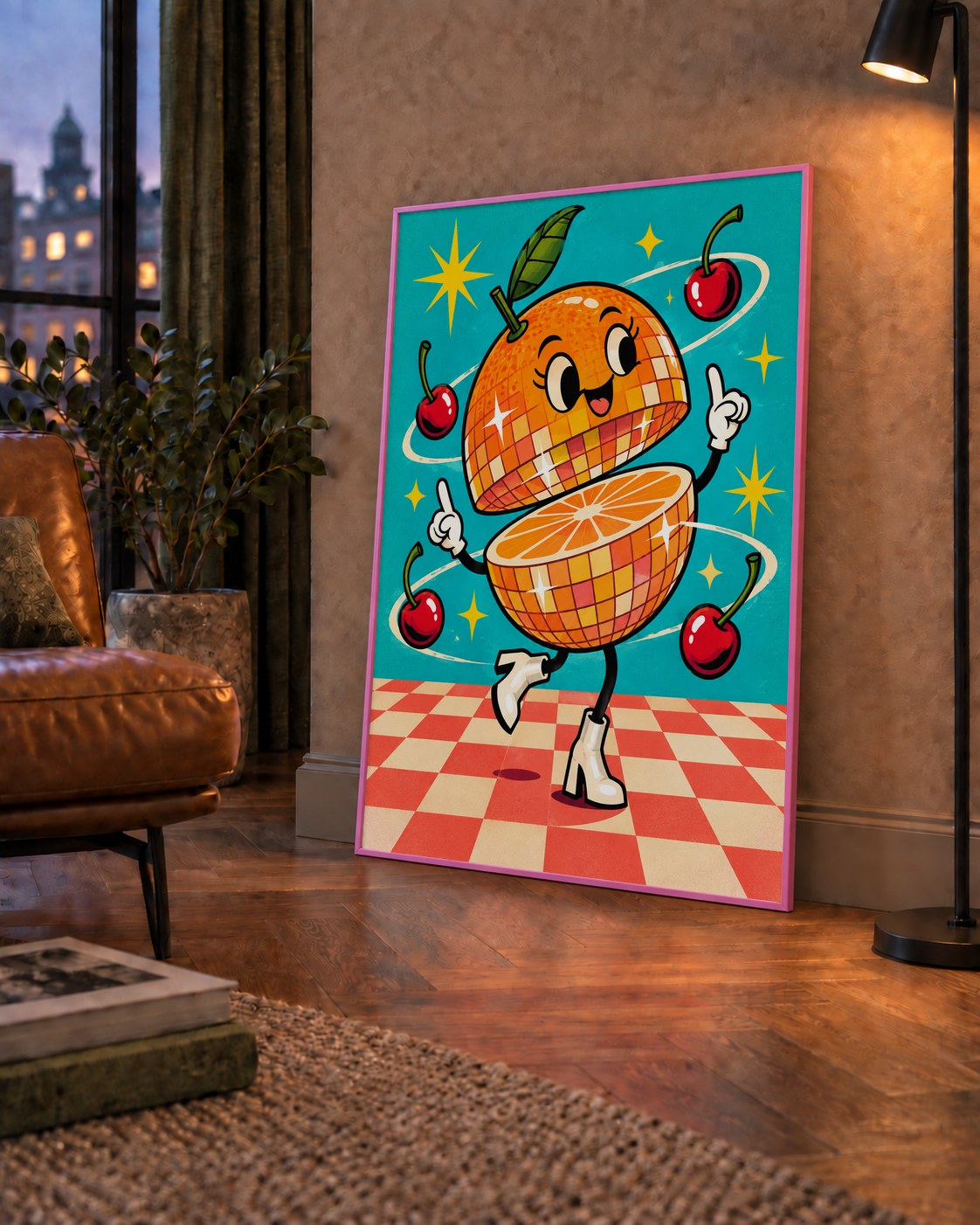 Dans Eden Portakal Karakterli Retro Disco Poster — çerçeveli hâliyle bir ev duvarında