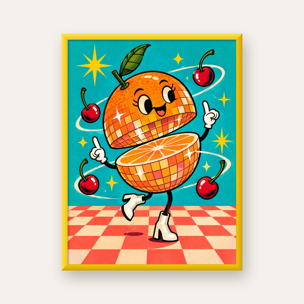 Dans Eden Portakal Karakterli Retro Disco Poster — sarı çerçeveli