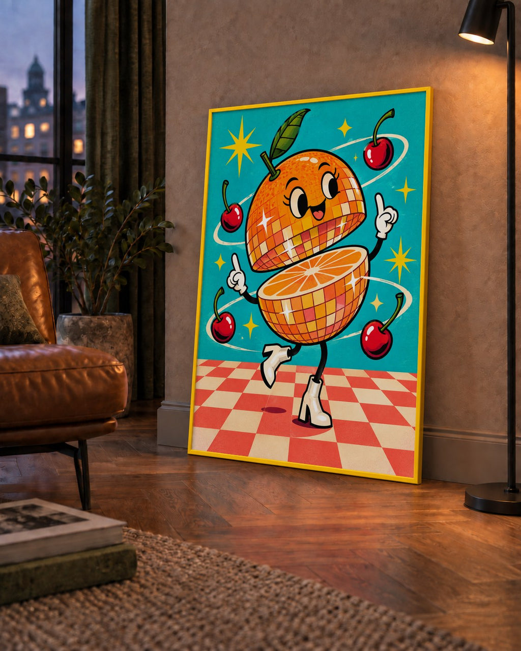 Dans Eden Portakal Karakterli Retro Disco Poster — çerçeveli hâliyle bir ev duvarında
