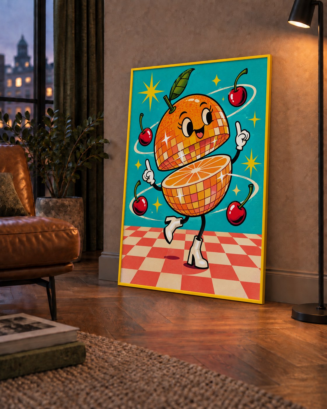 Dans Eden Portakal Karakterli Retro Disco Poster — çerçeveli hâliyle bir ev duvarında