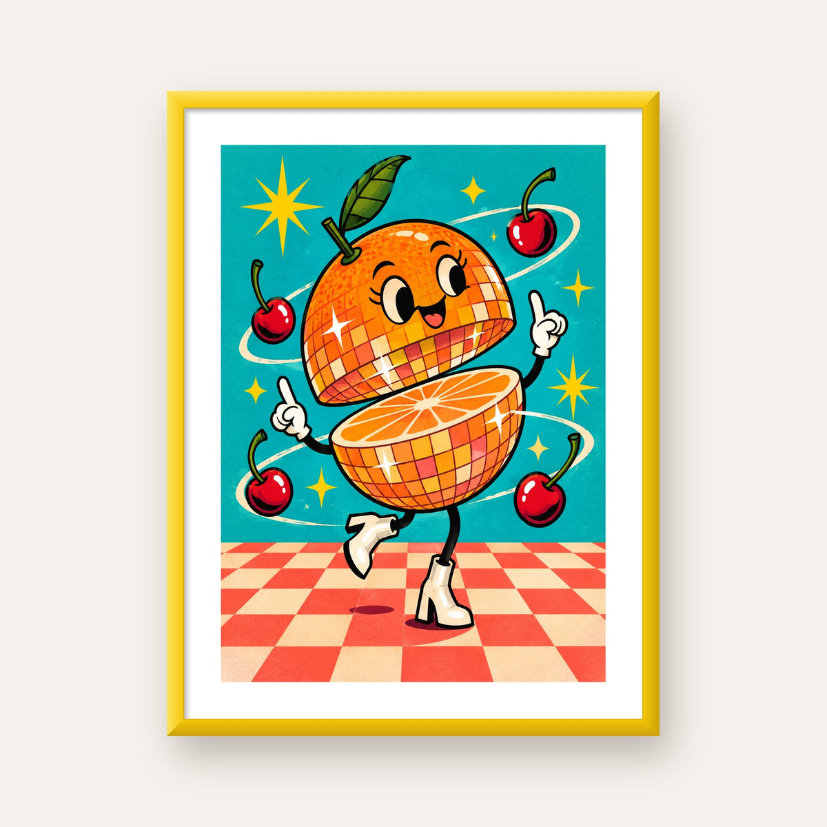 Dans Eden Portakal Karakterli Retro Disco Poster — sarı çerçeveli paspartulu