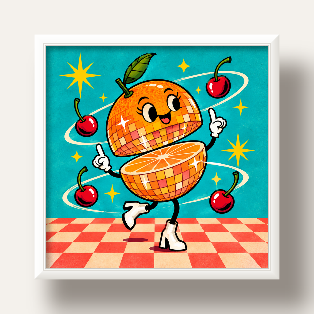 Dans Eden Portakal Karakterli Retro Disco Poster — beyaz derin çerçeveli