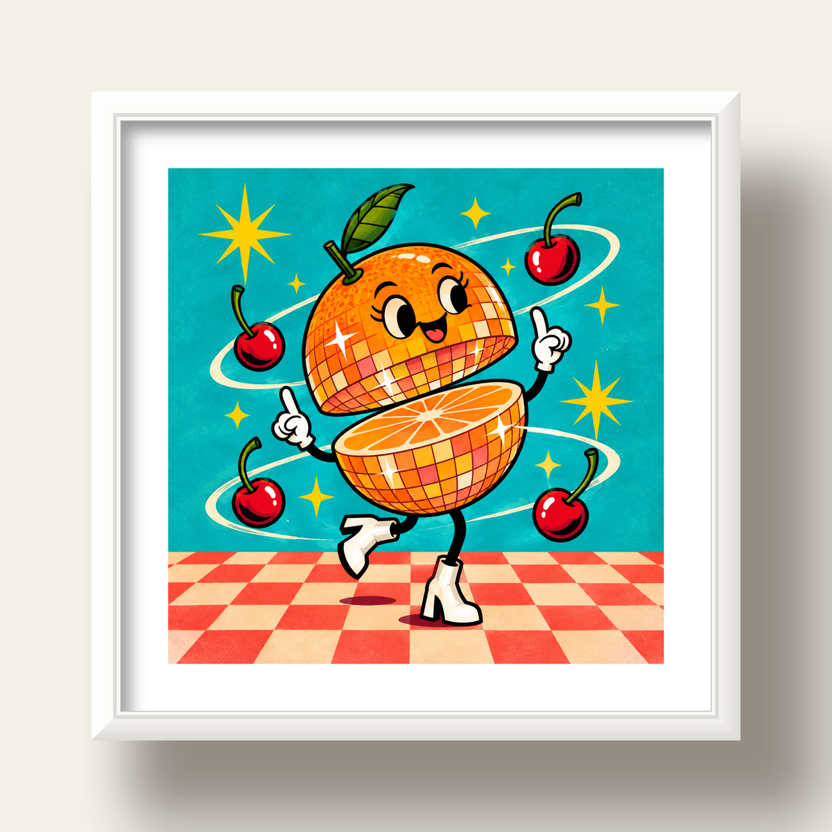 Dans Eden Portakal Karakterli Retro Disco Poster — beyaz derin çerçeveli paspartulu