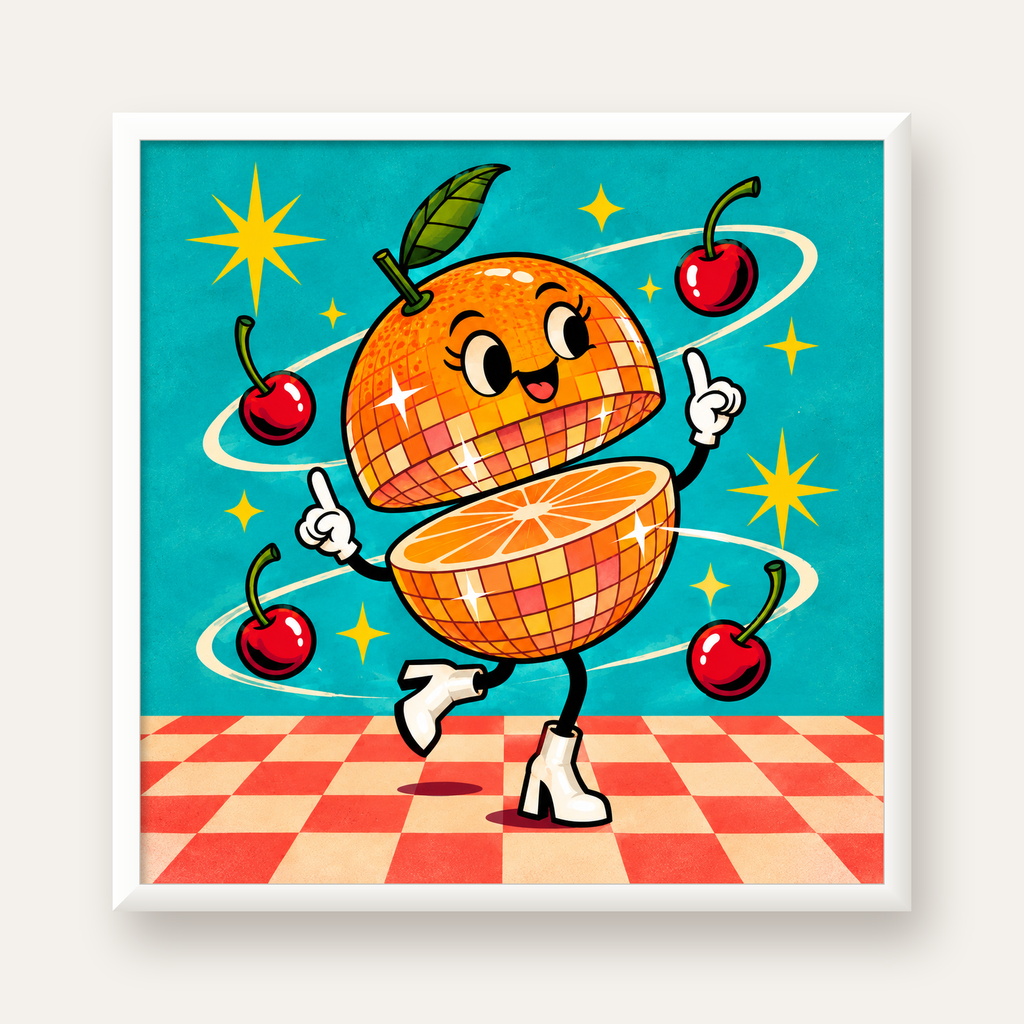 Dans Eden Portakal Karakterli Retro Disco Poster — beyaz çerçeveli kare poster