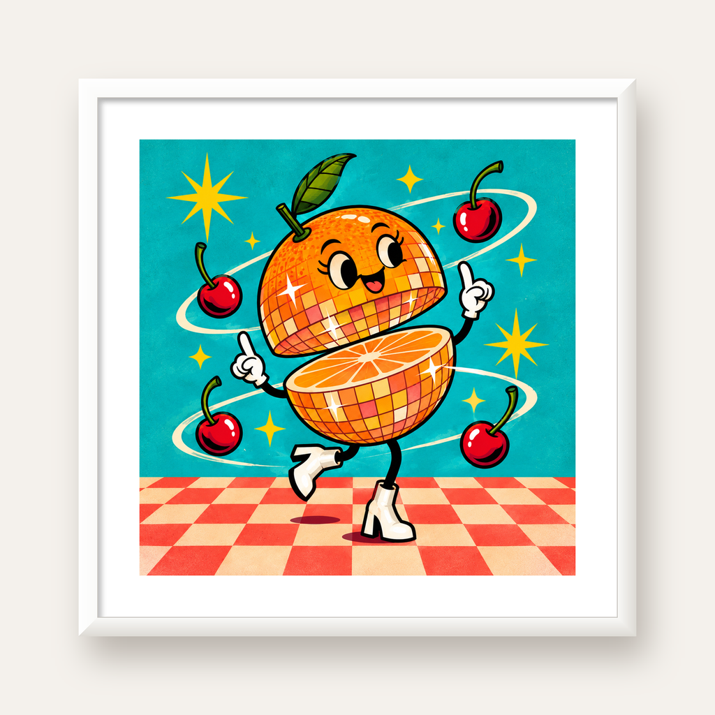 Dans Eden Portakal Karakterli Retro Disco Poster — beyaz çerçeveli kare poster