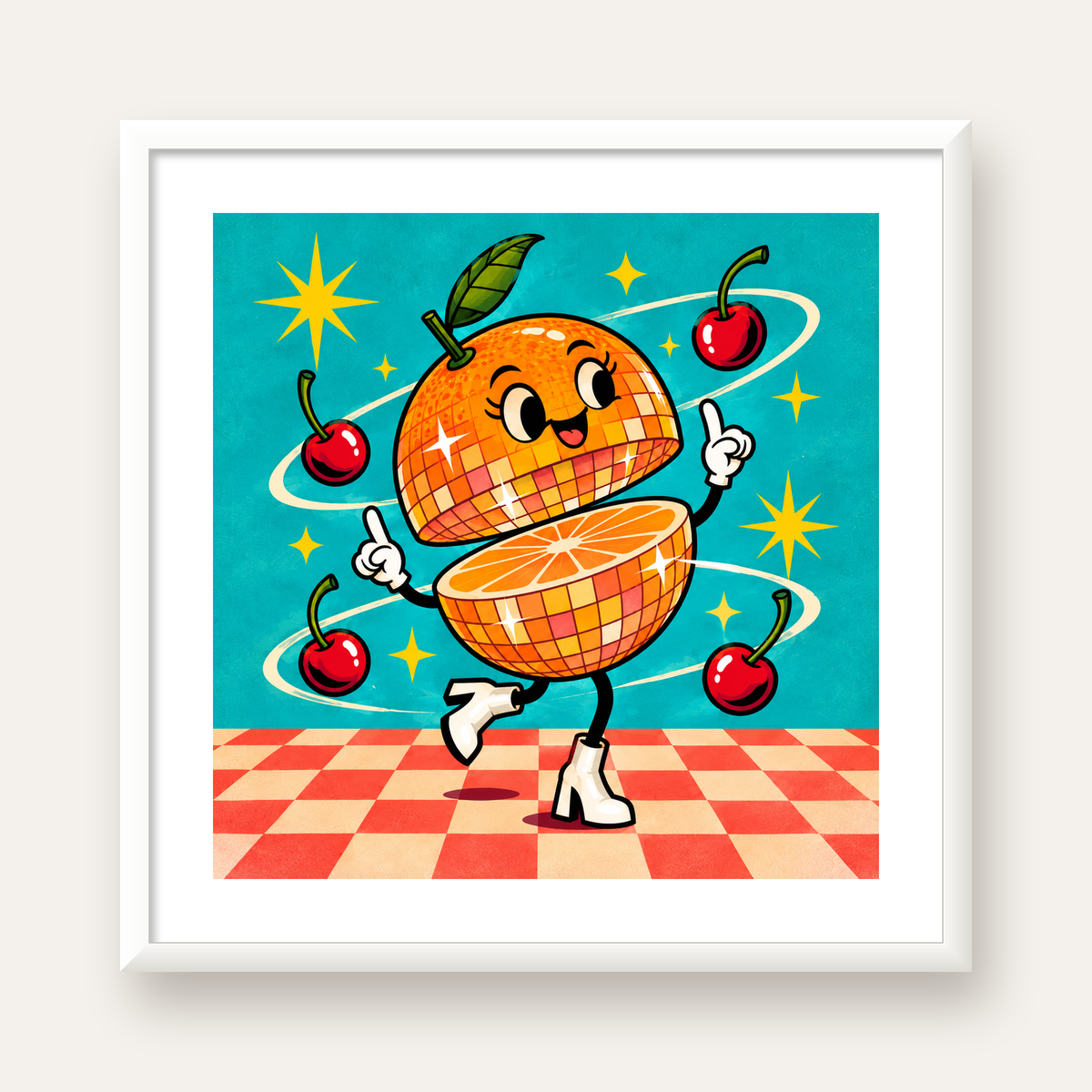 Dans Eden Portakal Karakterli Retro Disco Poster — beyaz çerçeveli kare poster