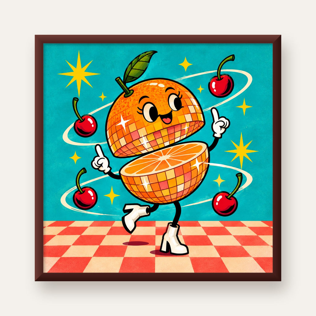 Dans Eden Portakal Karakterli Retro Disco Poster — ceviz çerçeveli