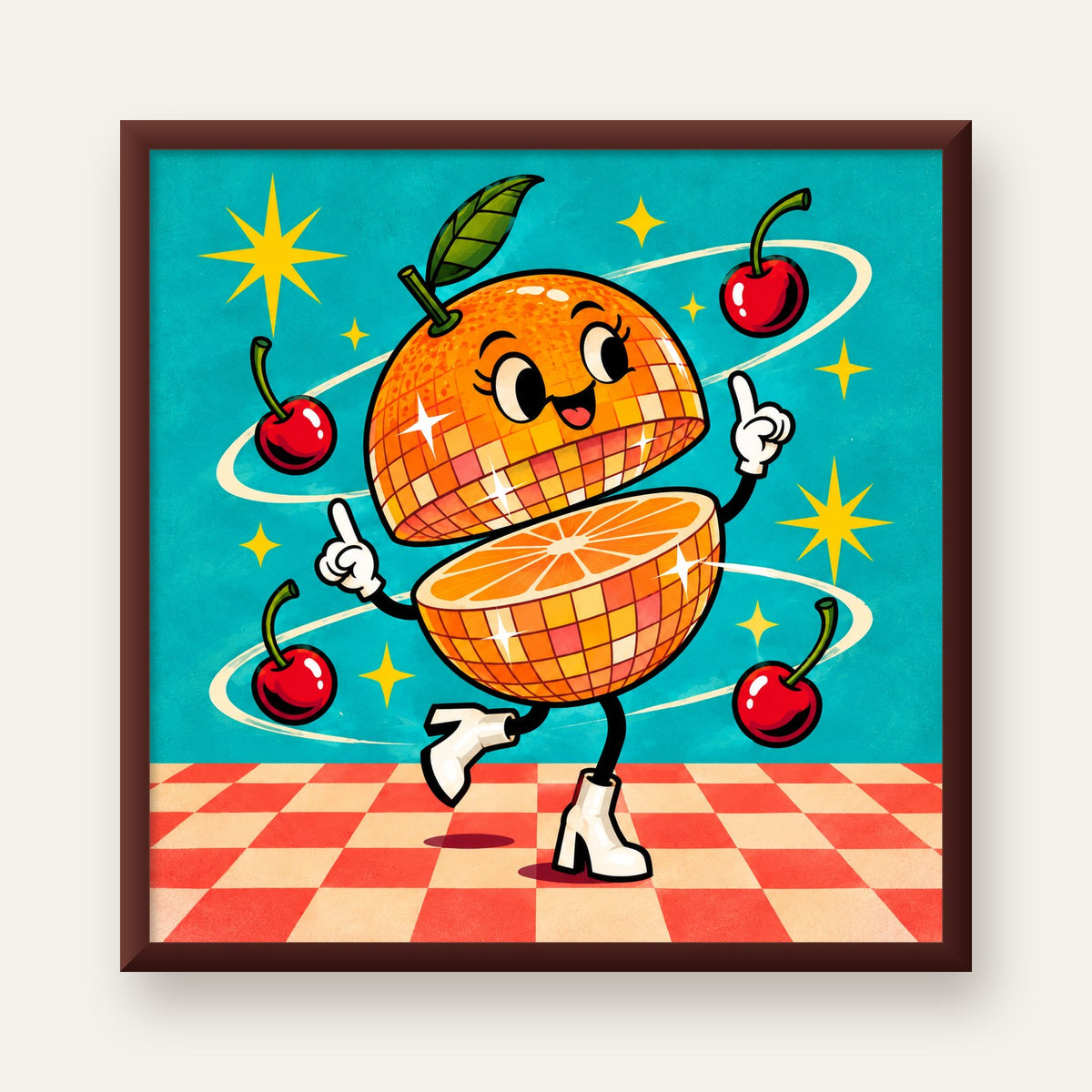 Dans Eden Portakal Karakterli Retro Disco Poster — ceviz çerçeveli