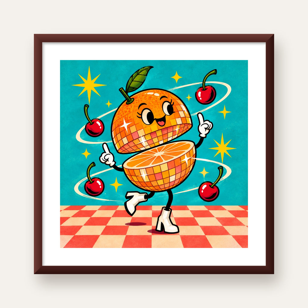 Dans Eden Portakal Karakterli Retro Disco Poster — ceviz çerçeveli paspartulu