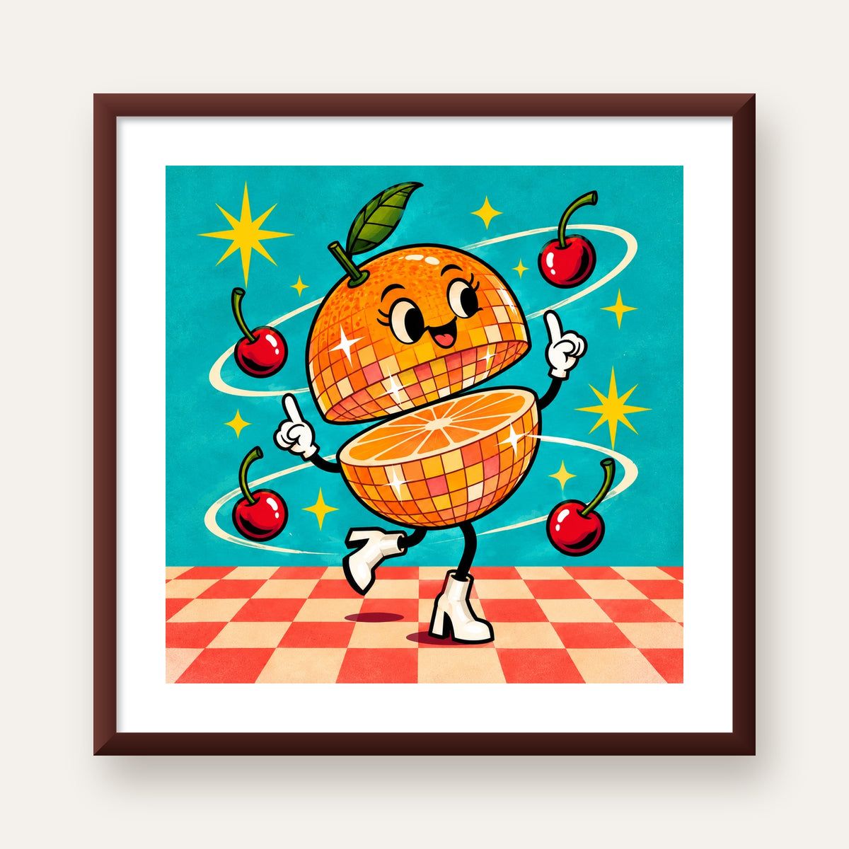 Dans Eden Portakal Karakterli Retro Disco Poster — ceviz çerçeveli paspartulu