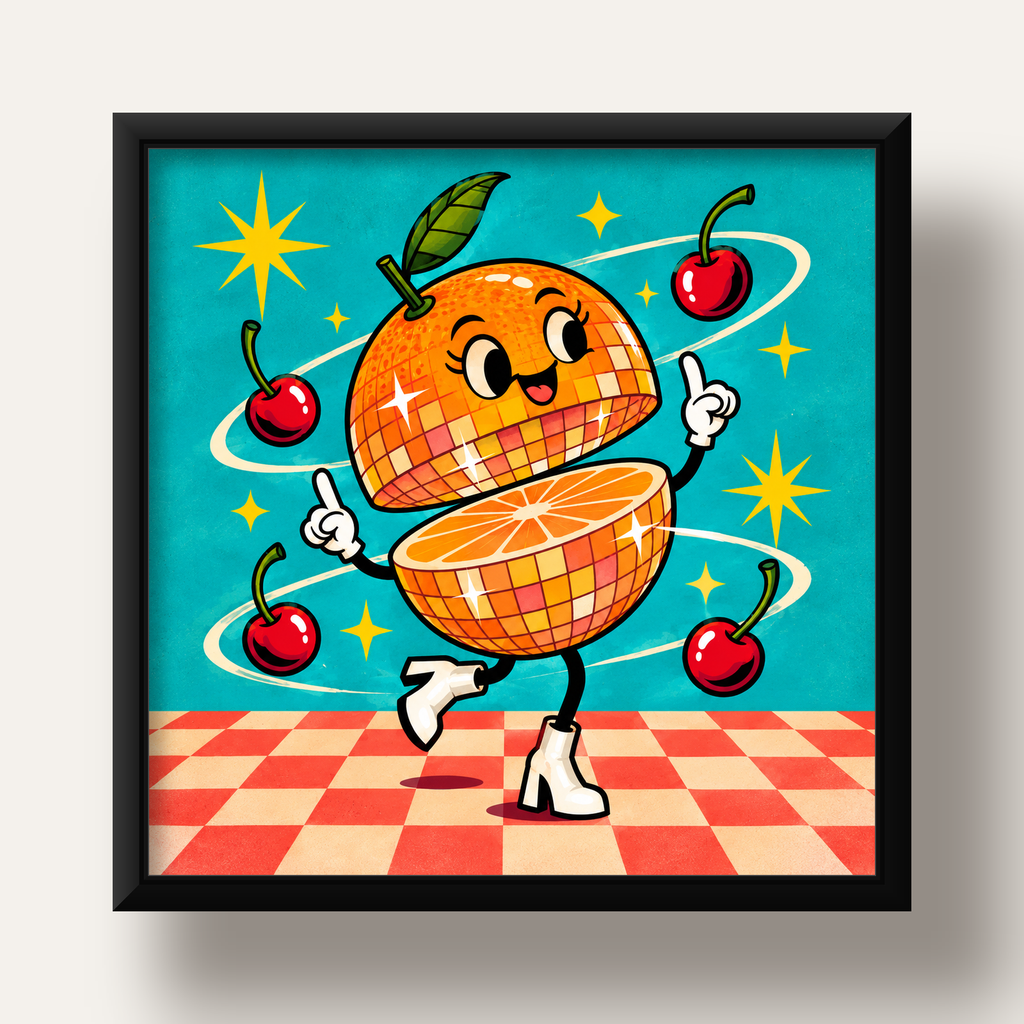 Dans Eden Portakal Karakterli Retro Disco Poster — siyah derin çerçeveli