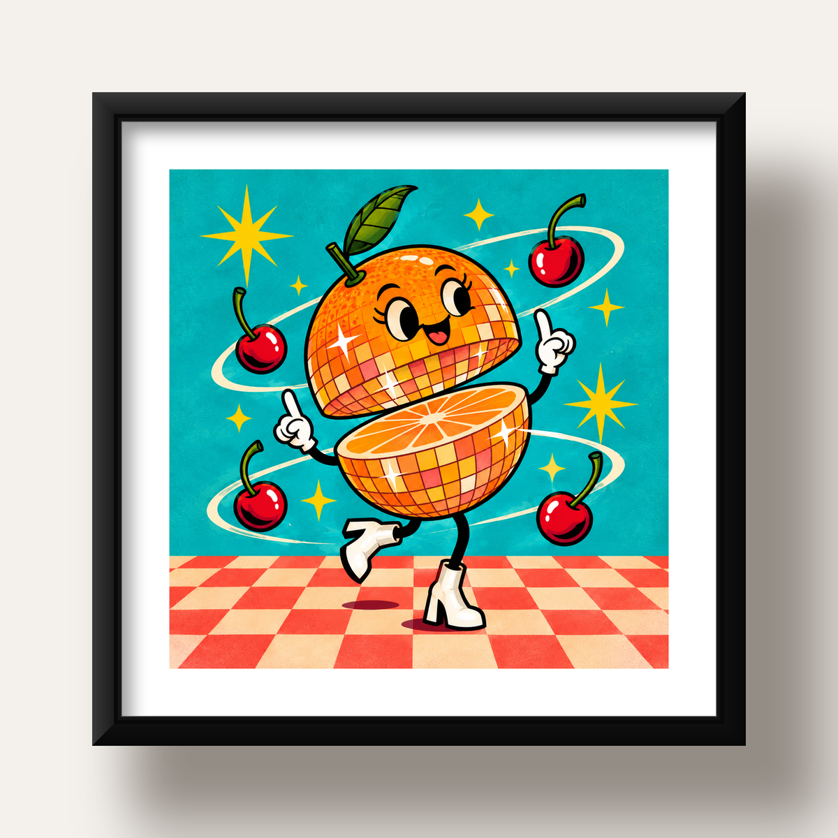 Dans Eden Portakal Karakterli Retro Disco Poster — siyah derin çerçeveli paspartulu