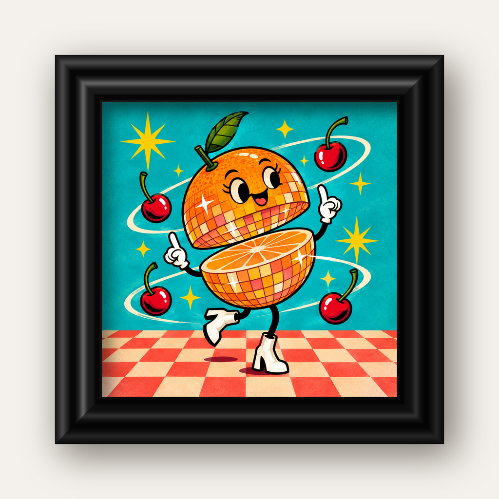 Dans Eden Portakal Karakterli Retro Disco Poster — siyah galeri çerçeveli