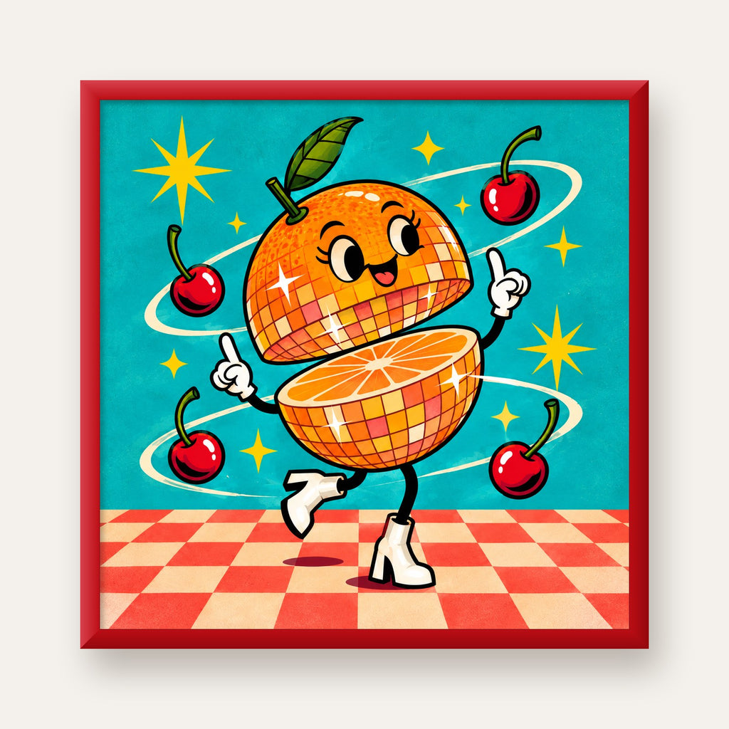 Dans Eden Portakal Karakterli Retro Disco Poster — kırmızı çerçeveli
