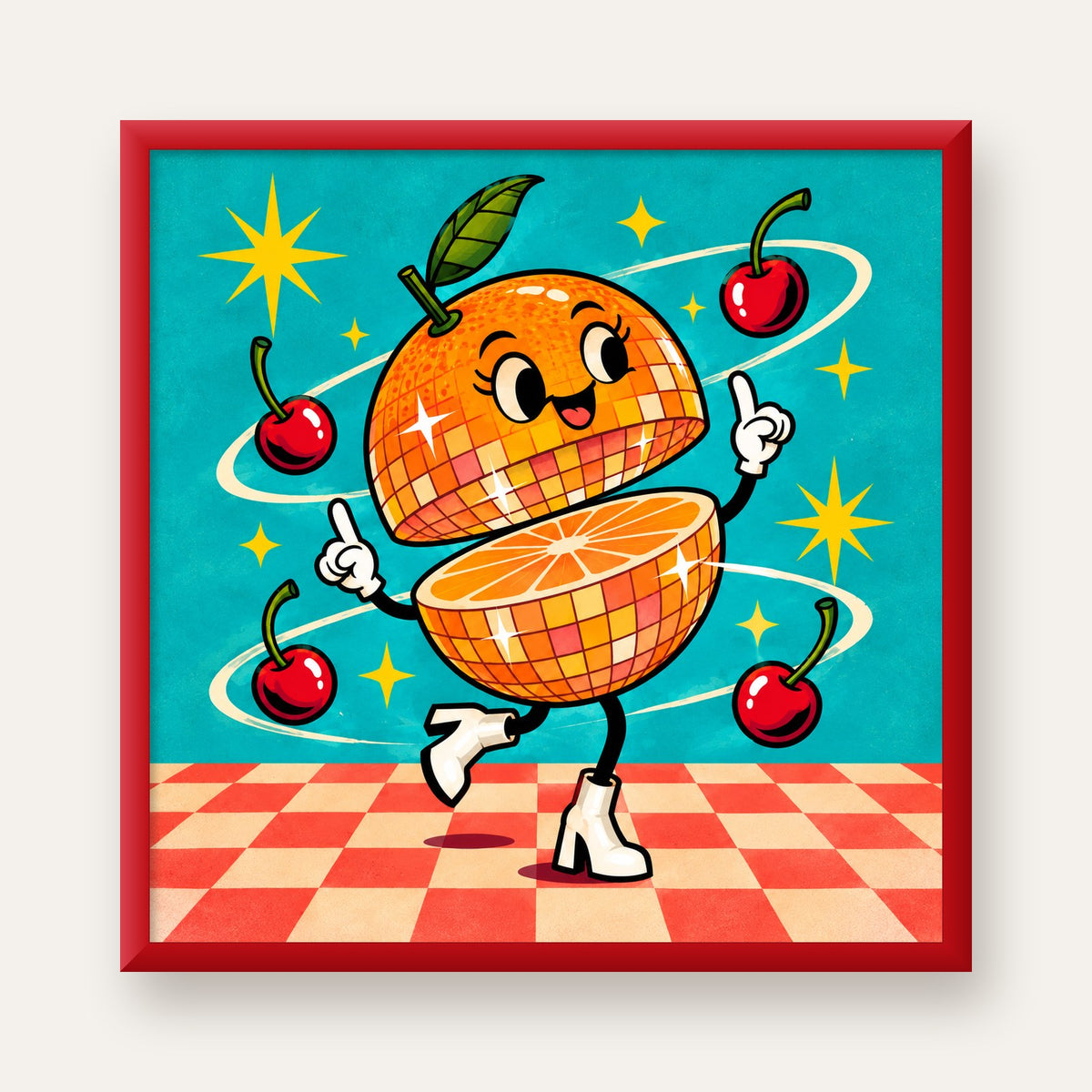 Dans Eden Portakal Karakterli Retro Disco Poster — kırmızı çerçeveli