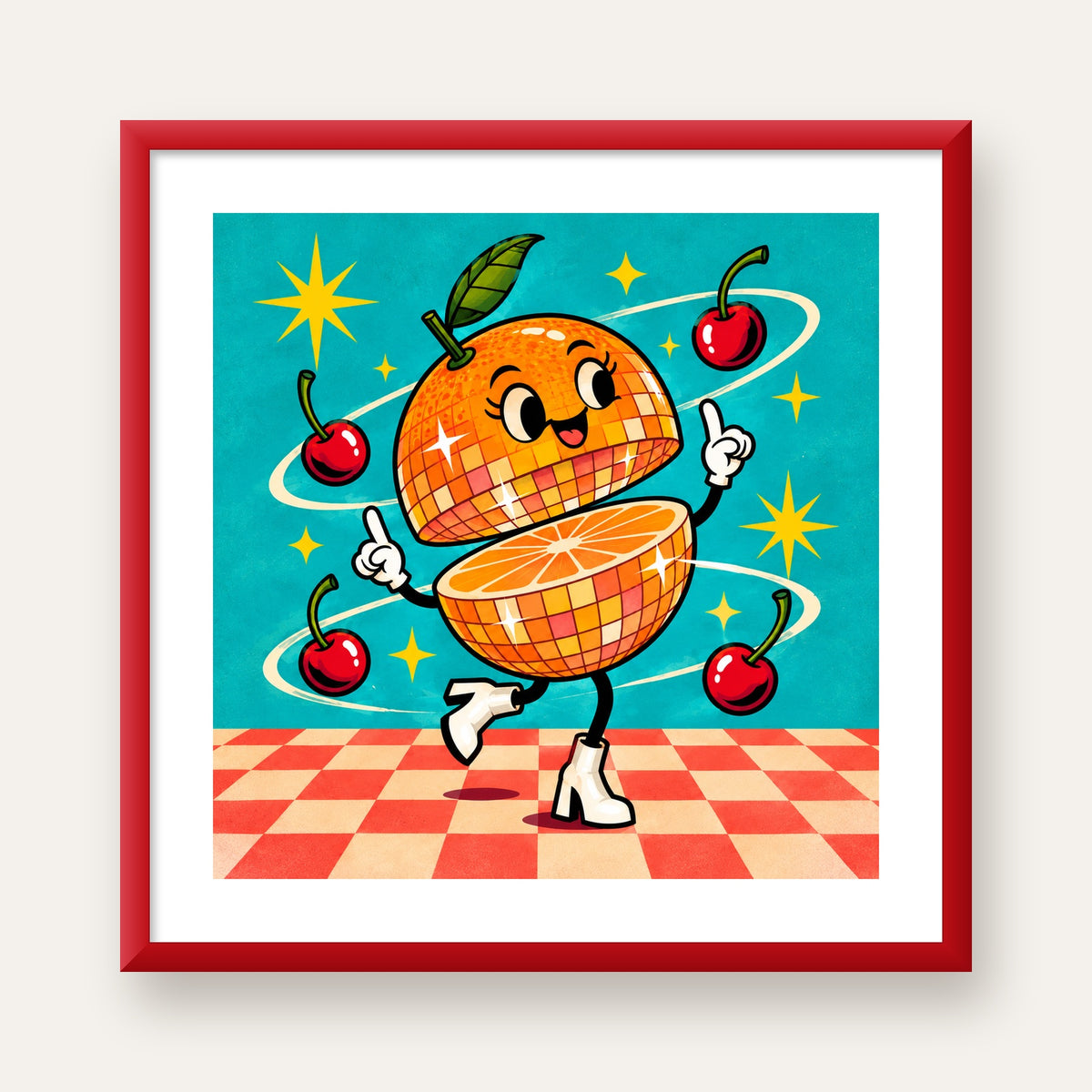Dans Eden Portakal Karakterli Retro Disco Poster — kırmızı çerçeveli paspartulu