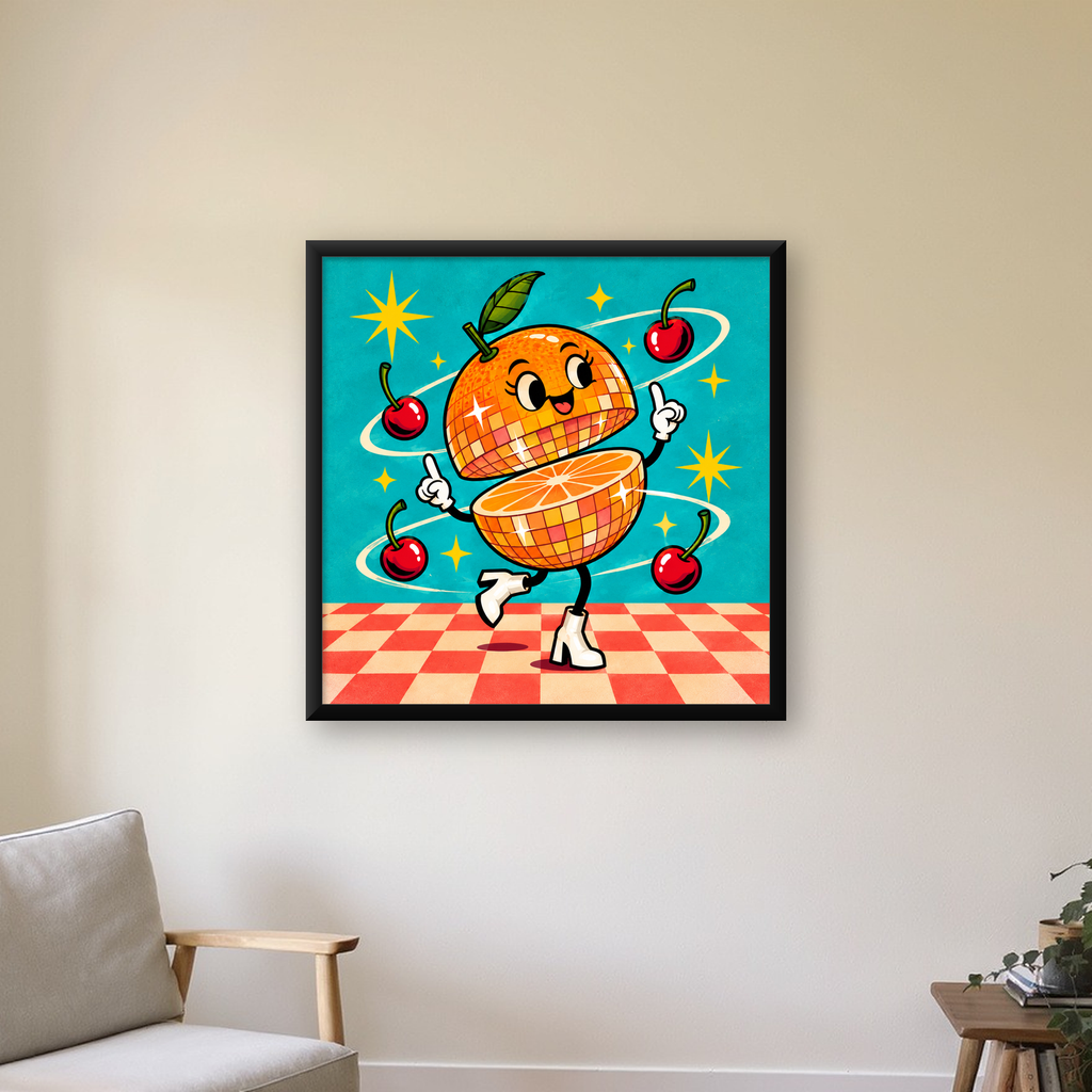 Dans Eden Portakal Karakterli Retro Disco Poster — Kare baskı, çerçeveli hâliyle bir ev duvarında