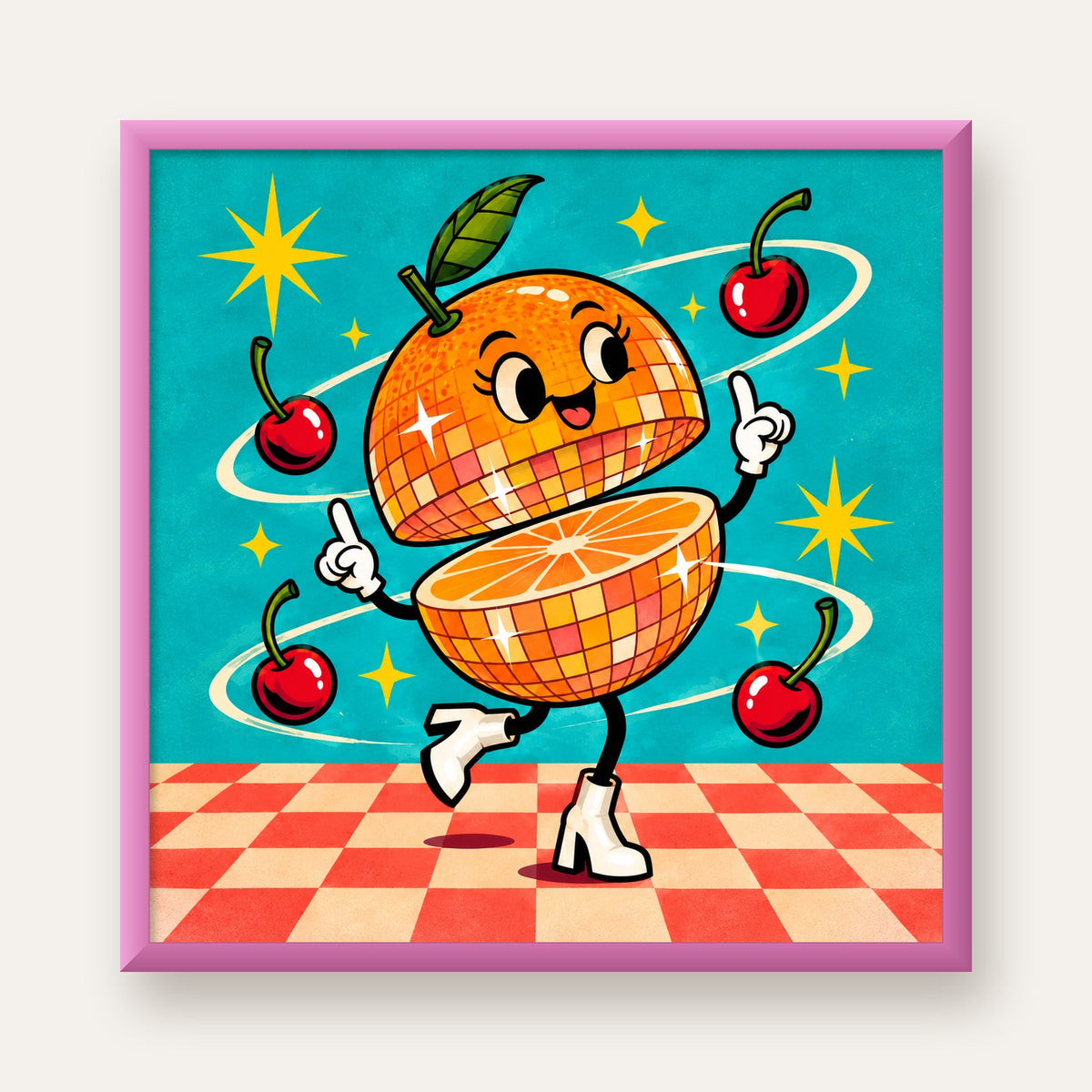 Dans Eden Portakal Karakterli Retro Disco Poster — pembe çerçeveli