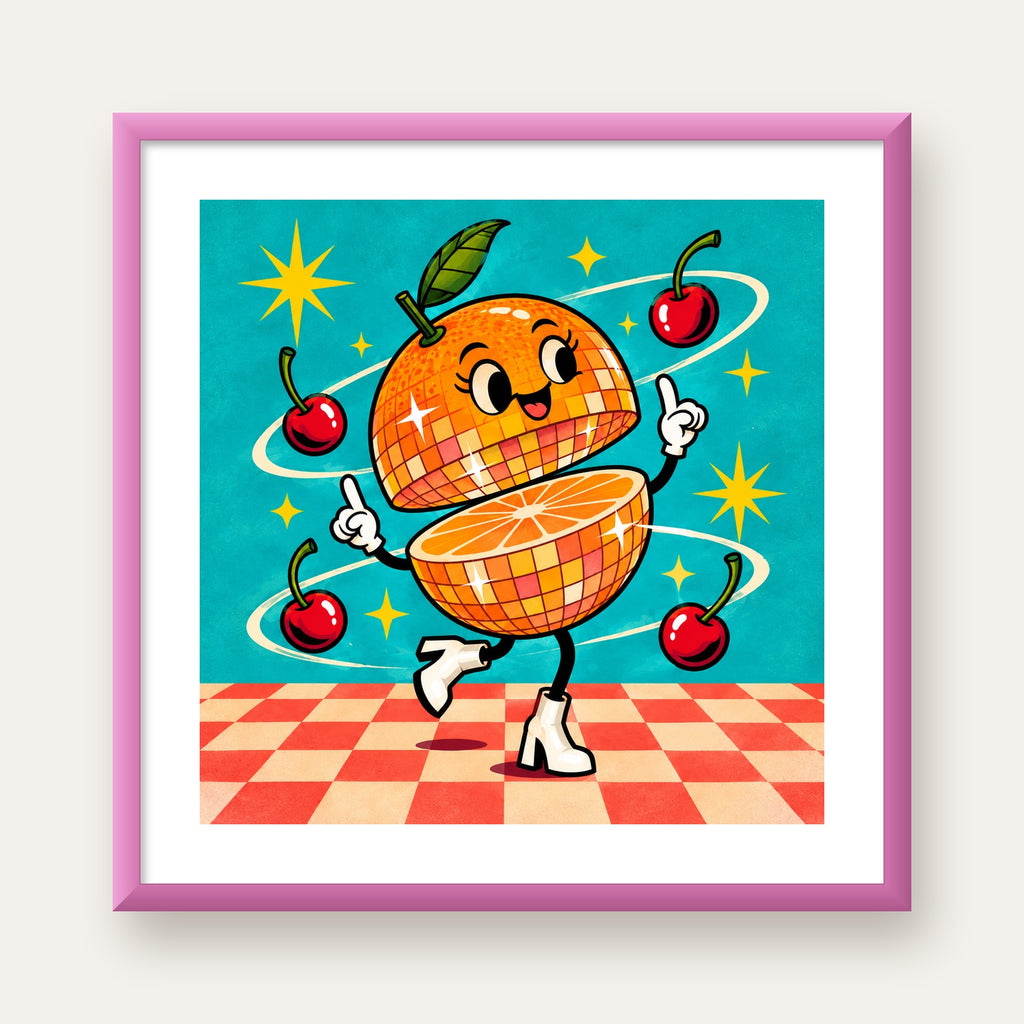 Dans Eden Portakal Karakterli Retro Disco Poster — pembe çerçeveli paspartulu