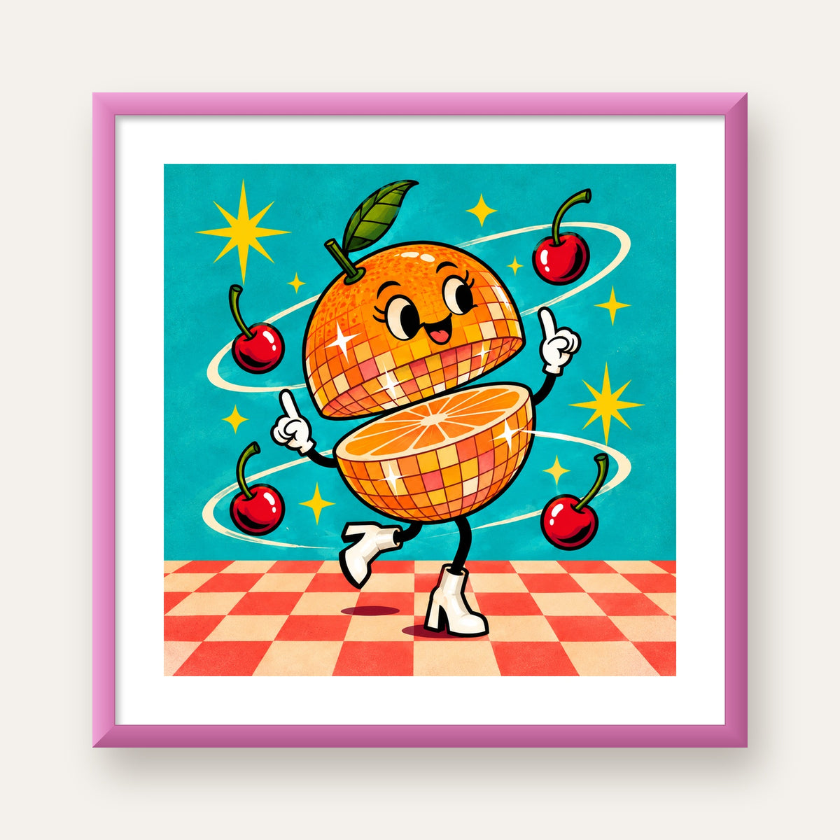 Dans Eden Portakal Karakterli Retro Disco Poster — pembe çerçeveli paspartulu