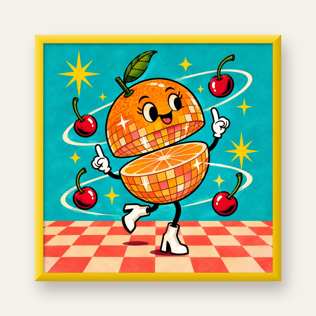 Dans Eden Portakal Karakterli Retro Disco Poster — sarı çerçeveli