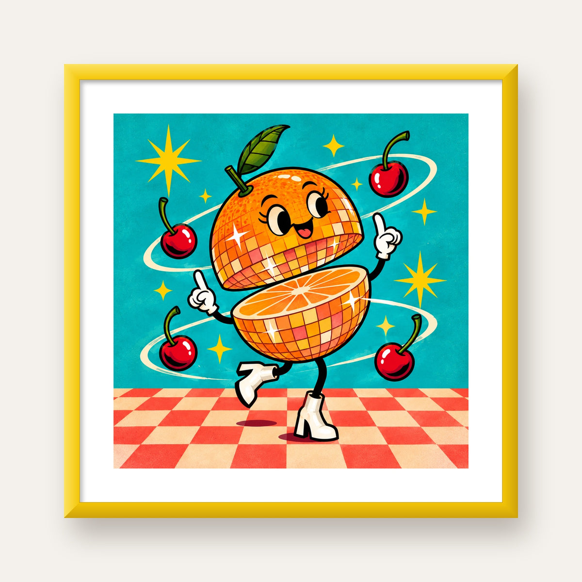 Dans Eden Portakal Karakterli Retro Disco Poster — sarı çerçeveli paspartulu
