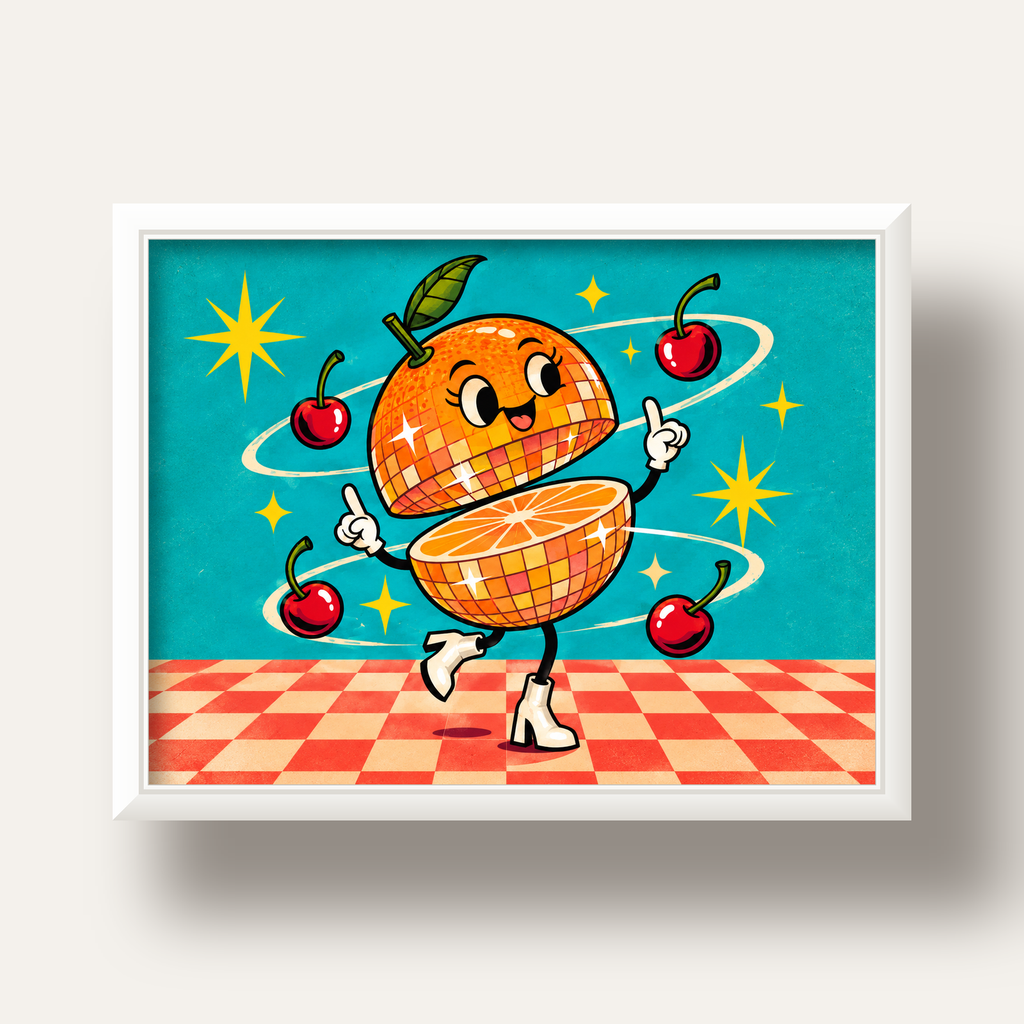 Dans Eden Portakal Karakterli Retro Disco Poster — beyaz derin çerçeveli
