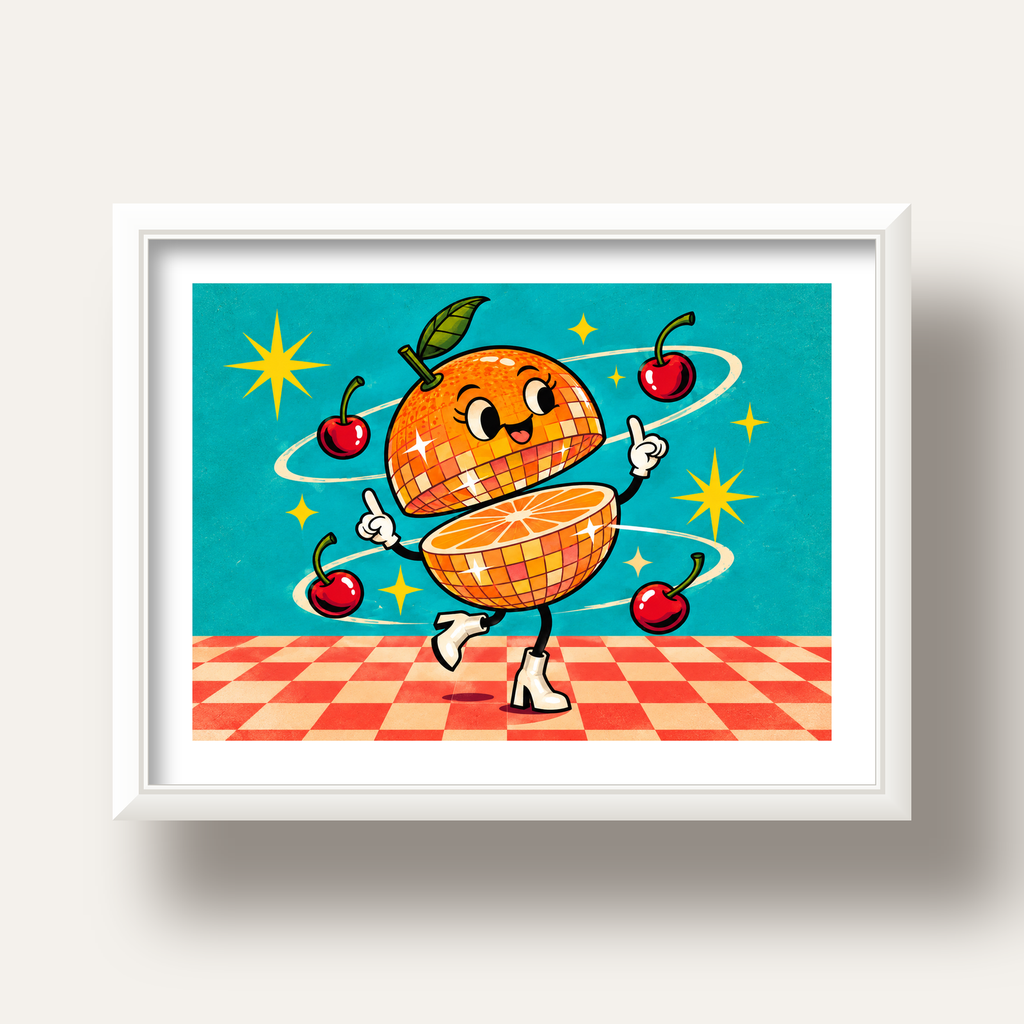 Dans Eden Portakal Karakterli Retro Disco Poster — beyaz derin çerçeveli paspartulu