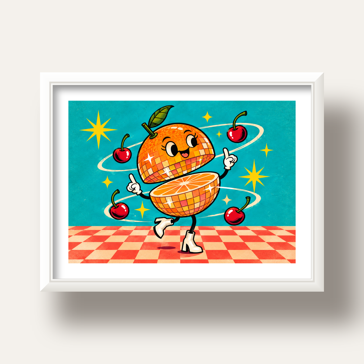 Dans Eden Portakal Karakterli Retro Disco Poster — beyaz derin çerçeveli paspartulu