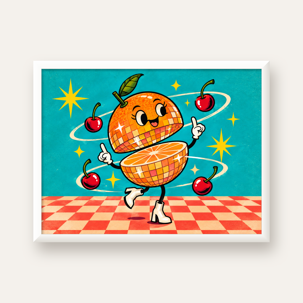 Dans Eden Portakal Karakterli Retro Disco Poster — beyaz çerçeveli yatay poster