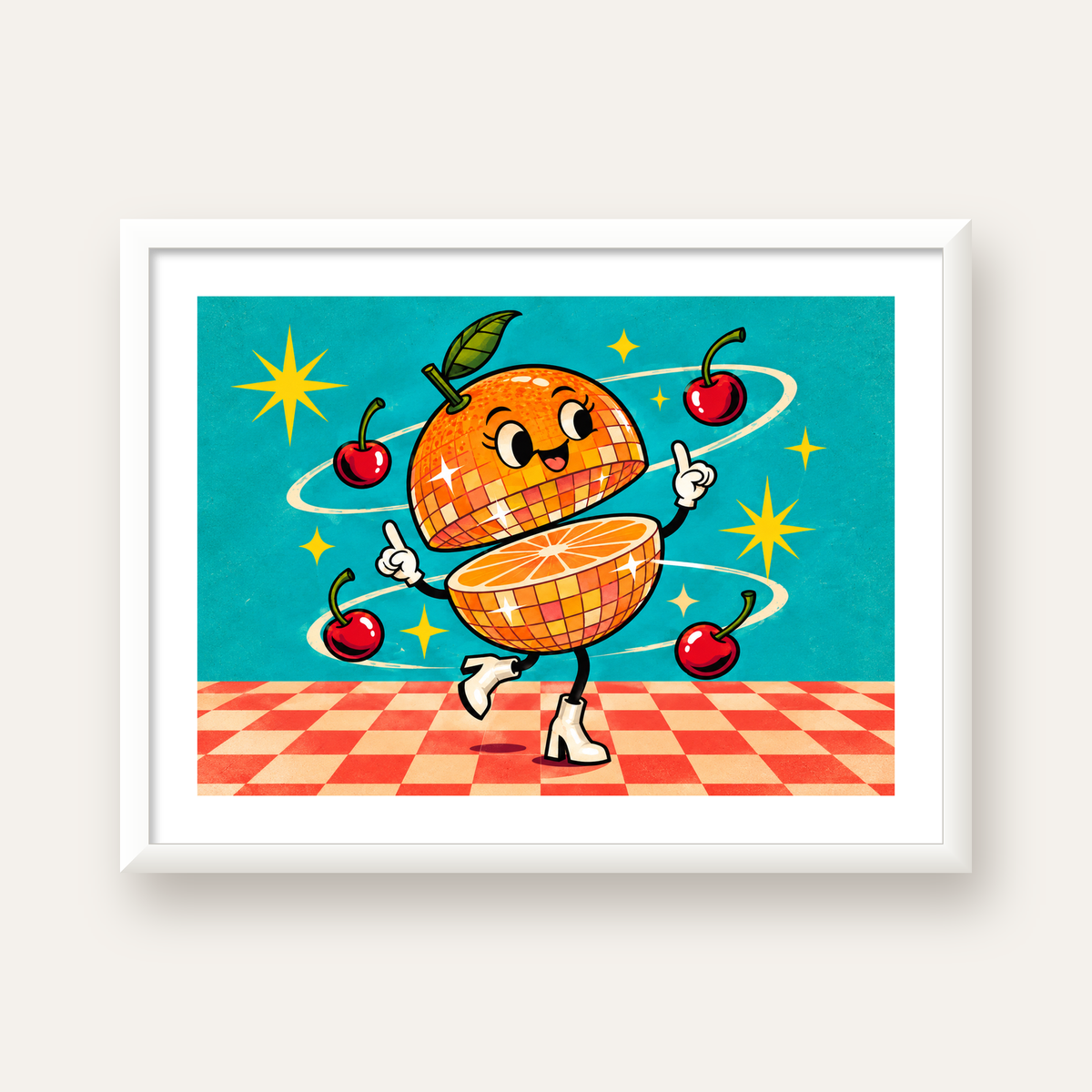 Dans Eden Portakal Karakterli Retro Disco Poster — beyaz çerçeveli yatay poster