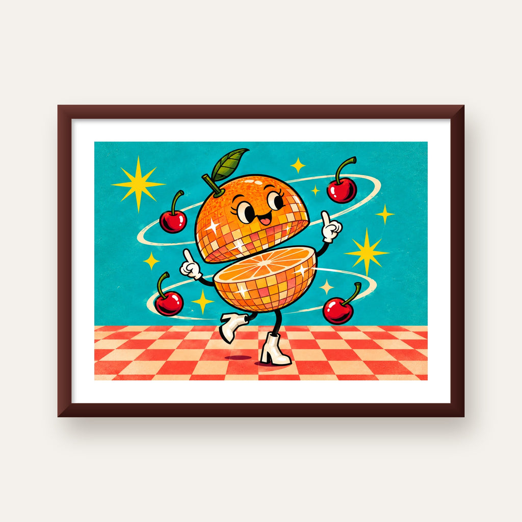 Dans Eden Portakal Karakterli Retro Disco Poster — ceviz çerçeveli paspartulu