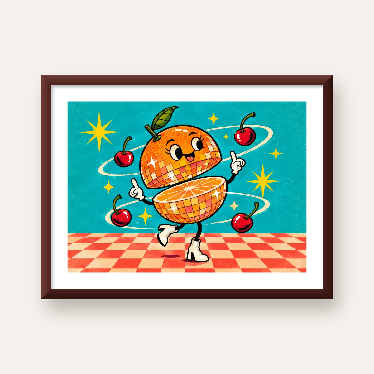 Dans Eden Portakal Karakterli Retro Disco Poster — ceviz çerçeveli paspartulu