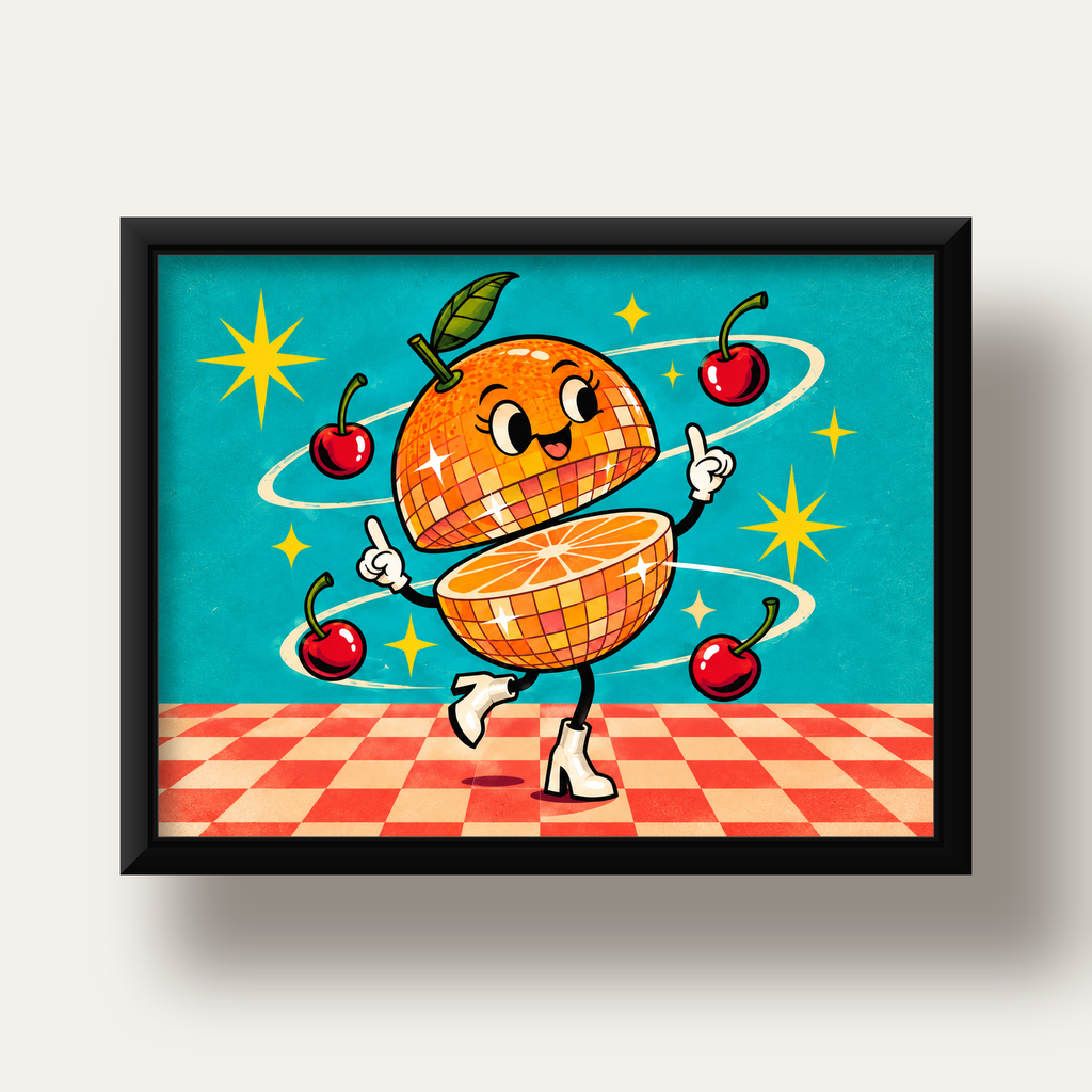 Dans Eden Portakal Karakterli Retro Disco Poster — siyah derin çerçeveli