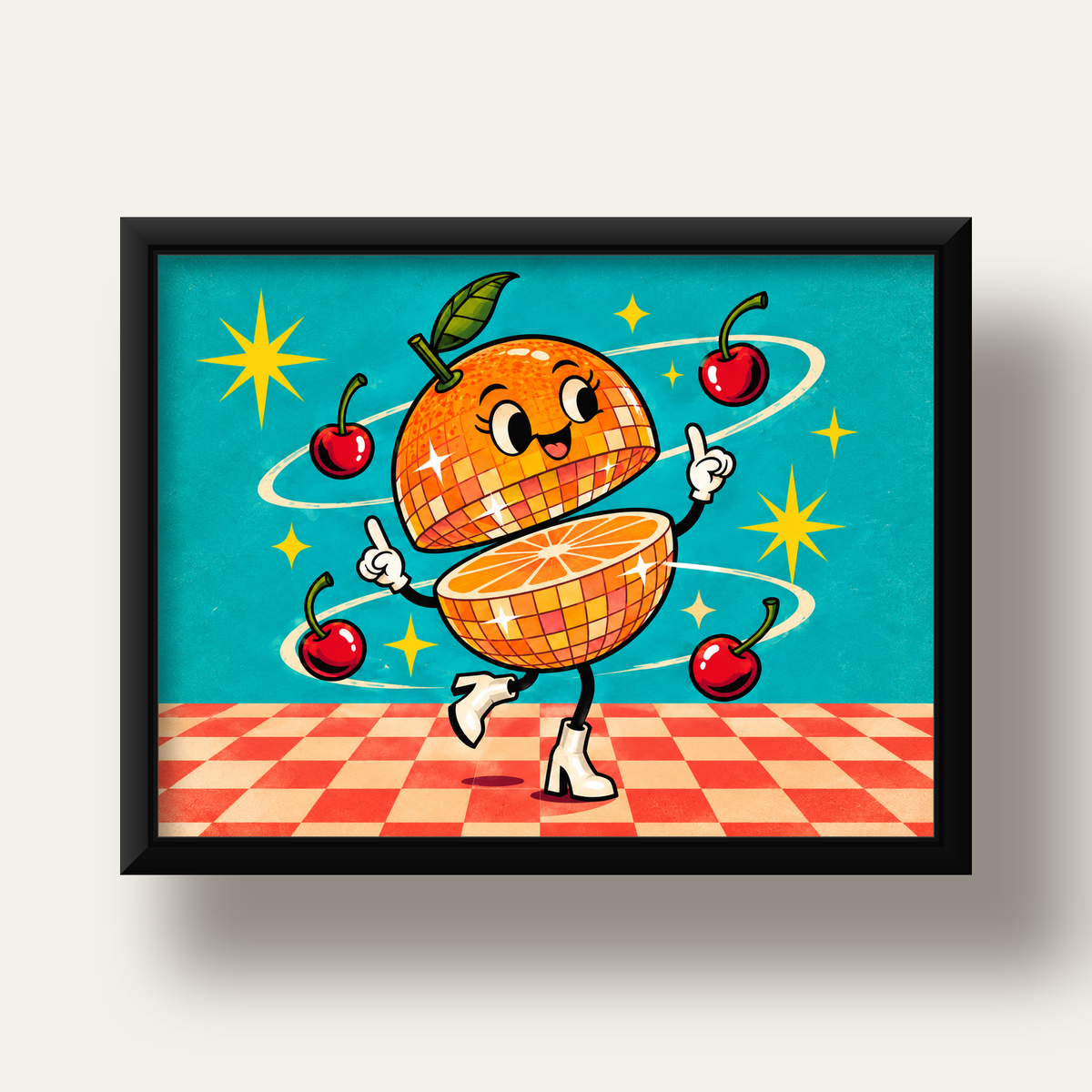 Dans Eden Portakal Karakterli Retro Disco Poster — siyah derin çerçeveli